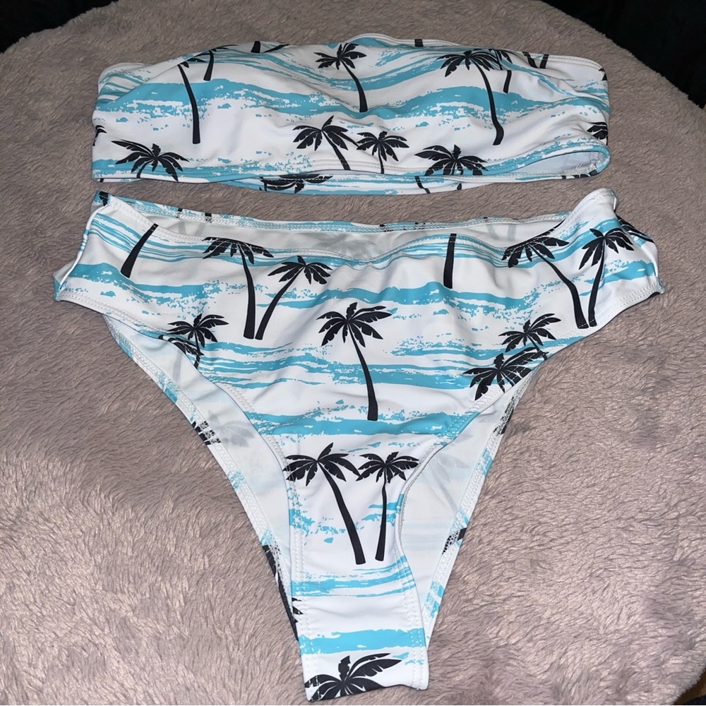 PatPat Blue and White Palm Tree Bikini